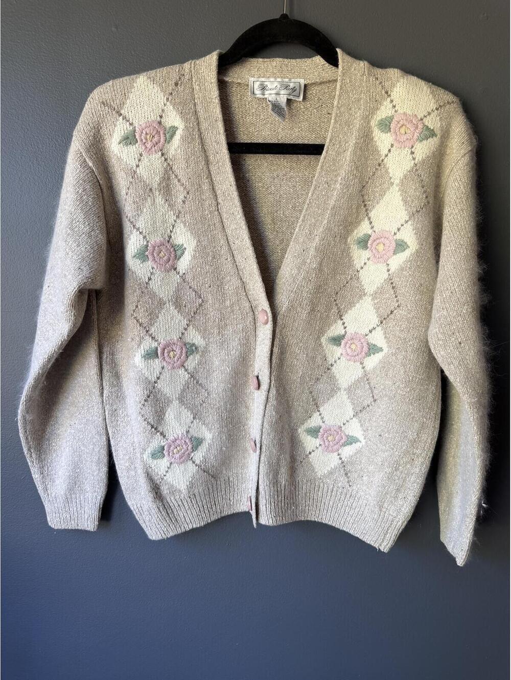 Private Party Beige Silk, Angora and Lanbswool Argyle Cardigan Sweater